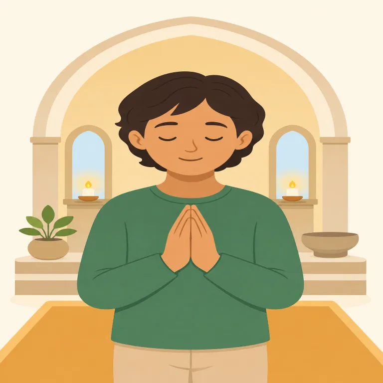religious（宗教的な・形容詞）の覚え方イラスト — ここでは「宗教的な理由で肉を食べない」「宗教的な場所を訪れる」のように、信仰が具体的な行動・空間・規則として現れる感じを中心に覚える