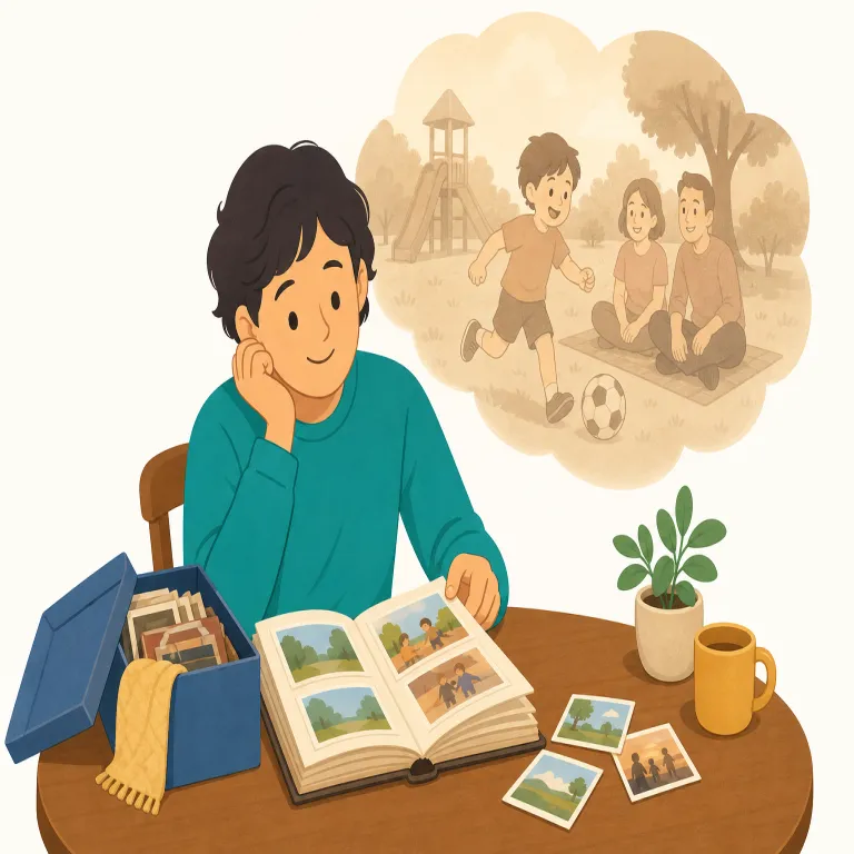 reminisced（思い出した・動詞）の覚え方イラスト — reminisced は、まず基本語 remember を土台にして、「ただ思い出す」より一歩進み、昔の出来事をしみじみ振り返って語る動詞だと覚えると残りやすいです