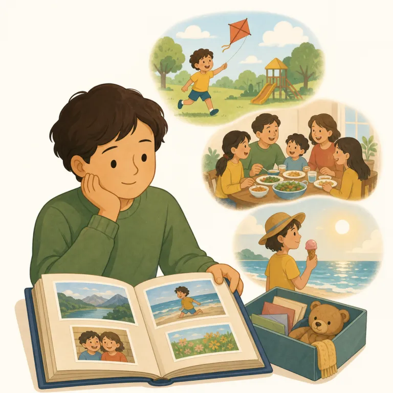 reminiscence（回想・名詞）の覚え方イラスト — この「回想」は、reminiscence の中でも思い出話として語られた内容ではなく、過去を心の中で思い返す行為や状態を指す用法として覚えます