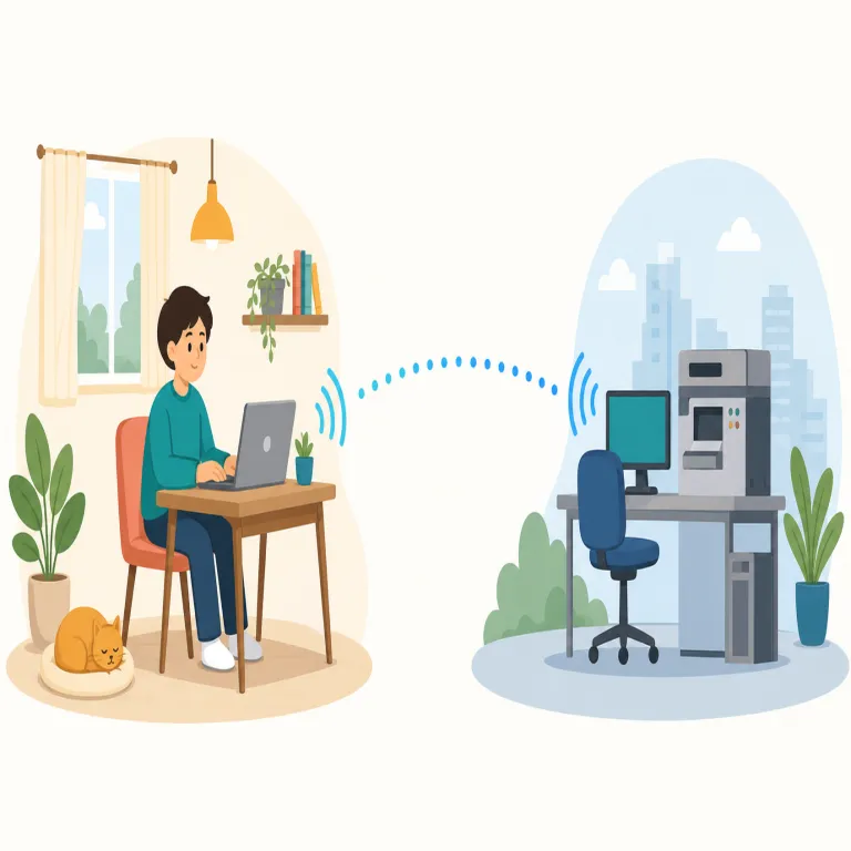 remotely（遠隔的に・副詞）の覚え方イラスト — remote を知っていれば覚えやすい語です