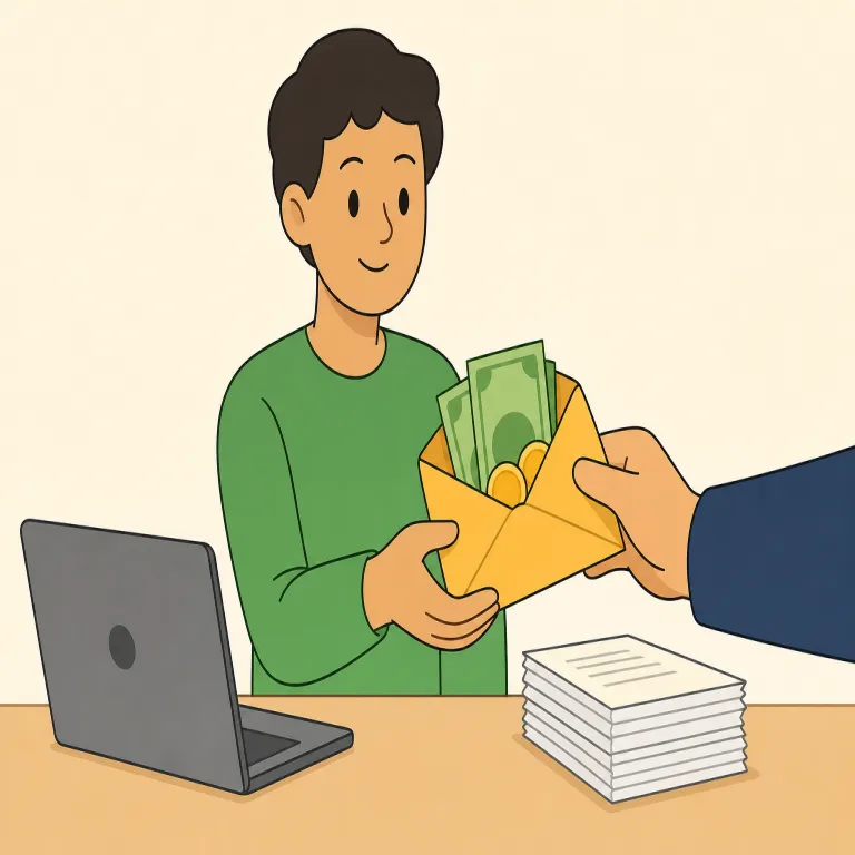 remunerated（報酬を受ける・動詞）の覚え方イラスト — まず remuneration（報酬）を知っていると逆算しやすく、remunerated は「報酬が支払われた状態」