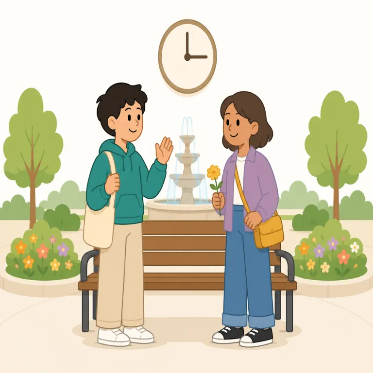 rendezvous（待ち合わせ・名詞）の覚え方イラスト — 覚える軸は「ただ会う」ではなく「前もって決めた時間・場所で落ち合う」です
