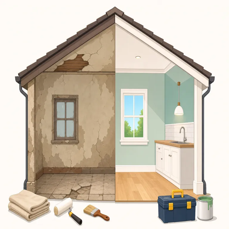renovation（改修・名詞）の覚え方イラスト — renovation は renovate の名詞形として覚えると入りやすい語です