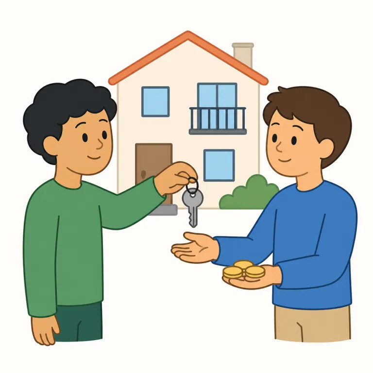 rent（借りる・動詞）の覚え方イラスト — 動詞の rent は、名詞の「家賃」から広がって、「お金を払って一時的に使う権利を得る」という動作を表します