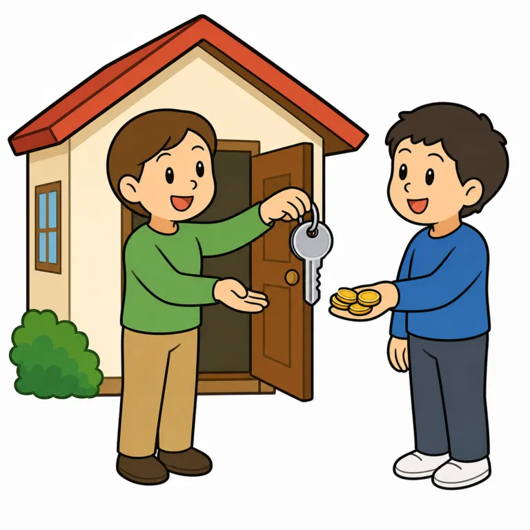 rent（貸す・verb）の覚え方イラスト
