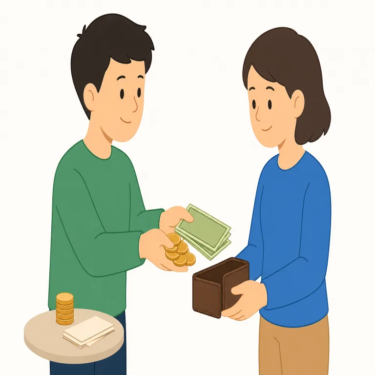 repay（返済する・動詞）の覚え方イラスト — repay の「返済する」は、borrow「借りる」や owe「借りがある」の後に来る動作として覚えると明確です