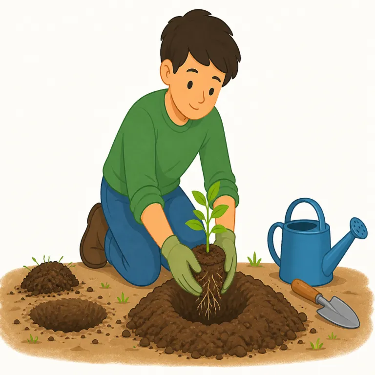 replant（植え替える・動詞）の覚え方イラスト — replant は plant「植える」に re-「もう一度」が付いた語で、いったん根を抜いた植物を別の場所・鉢・土にまた植えるイメージです