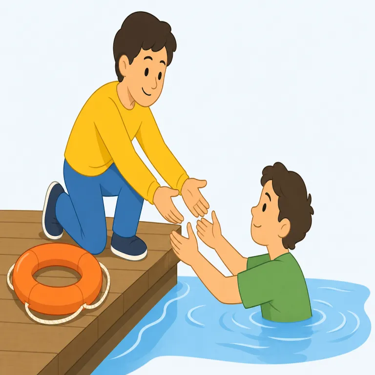 rescue（救助する・動詞）の覚え方イラスト — rescue は re-「戻す」+ secure に近い感覚で、「安全な状態へ取り戻す」と覚えると使いやすいです