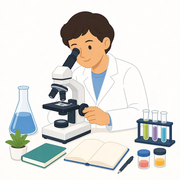 researcher（研究者・名詞）の覚え方イラスト — この researcher は「研究者」、つまり実験・分析・文献調査を通じて新しい知識を生み出す職業や立場の人を表します
