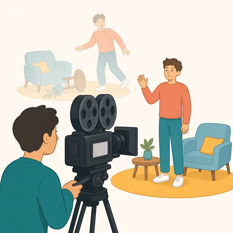 reshoot（撮り直す・動詞）の覚え方イラスト — reshoot は re-「もう一度」+ shoot「撮影する」と見れば、「撮影し直す」という動作がそのまま浮かびます
