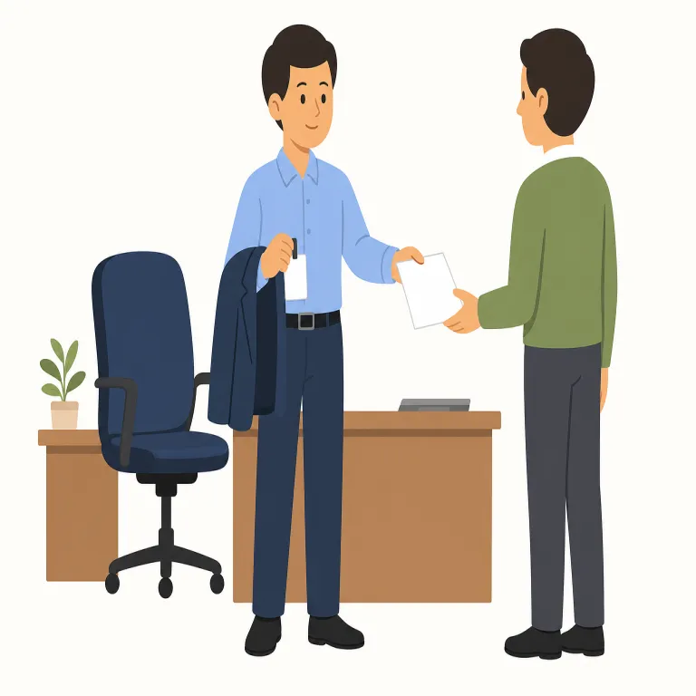 resignation（辞任・名詞）の覚え方イラスト — この resignation は「辞任」という名詞で、動詞 resign「辞任する」に -ation が付いた形です