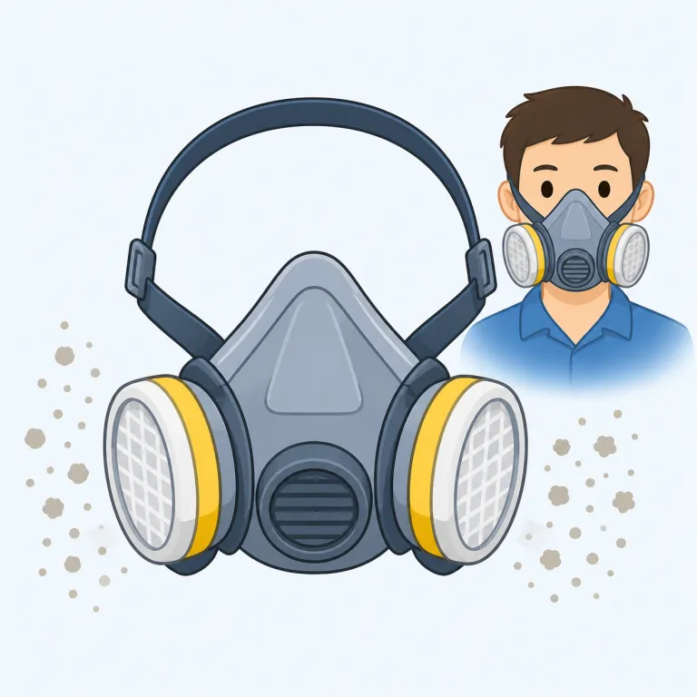 respirators（防じんマスク・名詞）の覚え方イラスト — respirators は respire「呼吸する」、respiration「呼吸」、respiratory「呼吸の」と同じ resp- の語族