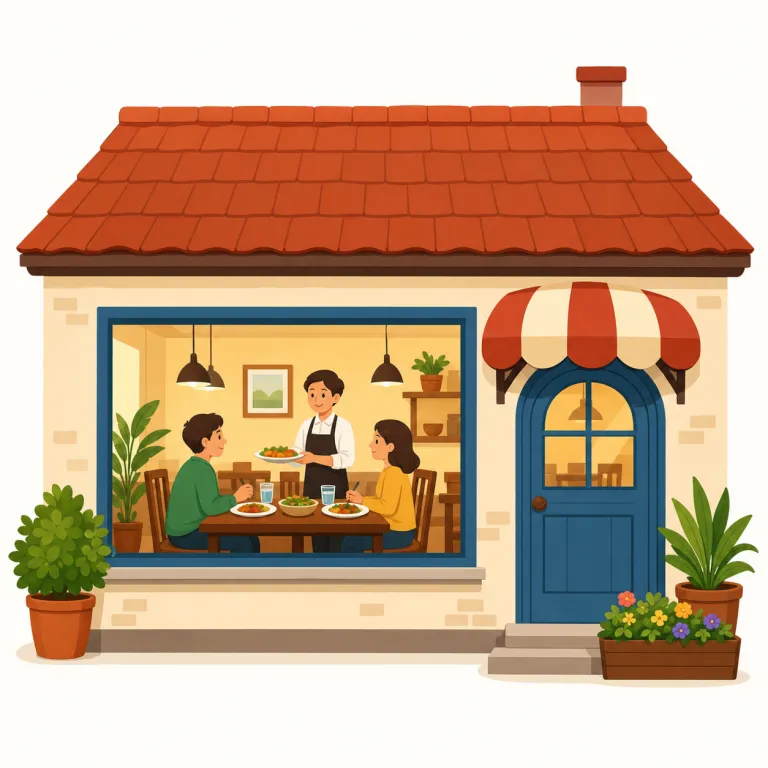 restaurant（レストラン・名詞）の覚え方イラスト — restaurant は「食事をする店」の最も標準的な語で、cafe は喫茶寄り、bar は酒、bakery はパン屋、と比べると守備範囲の広さで覚えやすくなります