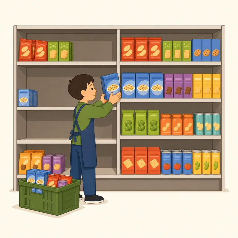 restock（補充する・動詞）の覚え方イラスト — stock を「在庫」と知っていれば、re- が付いて「在庫をもう一度そろえる」と考えると覚えやすいです