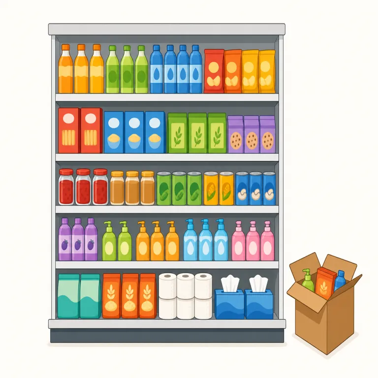 restocked（再入荷した・形容詞）の覚え方イラスト — このエントリの restocked は、単に棚や備品が補充されたという基本義ではなく、売り切れた商品が店やオンラインストアに再び入って「買える状態に戻った」という意味で覚えます