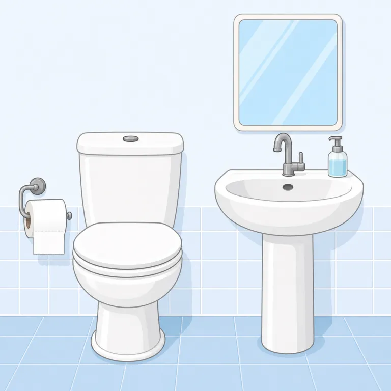 restroom（トイレ・名詞）の覚え方イラスト — restroom はアメリカ英語で、店・駅・学校・オフィスなど家庭外の建物にある「トイレ」を丁寧に指す語です