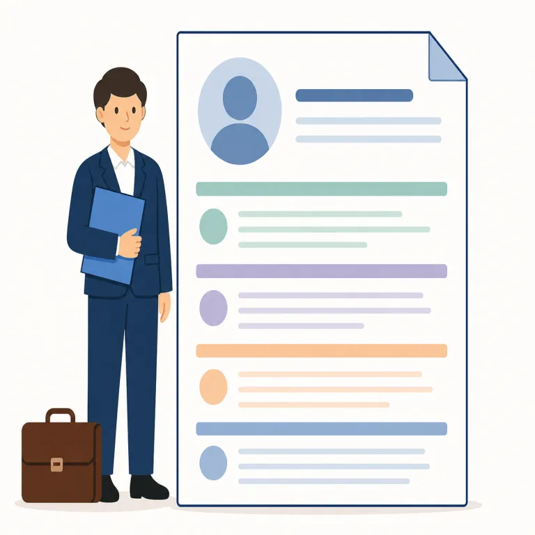 resumé（履歴書・名詞）の覚え方イラスト — 履歴書の意味では、「自分の career を短くまとめた summary」と捉えると覚えやすいです
