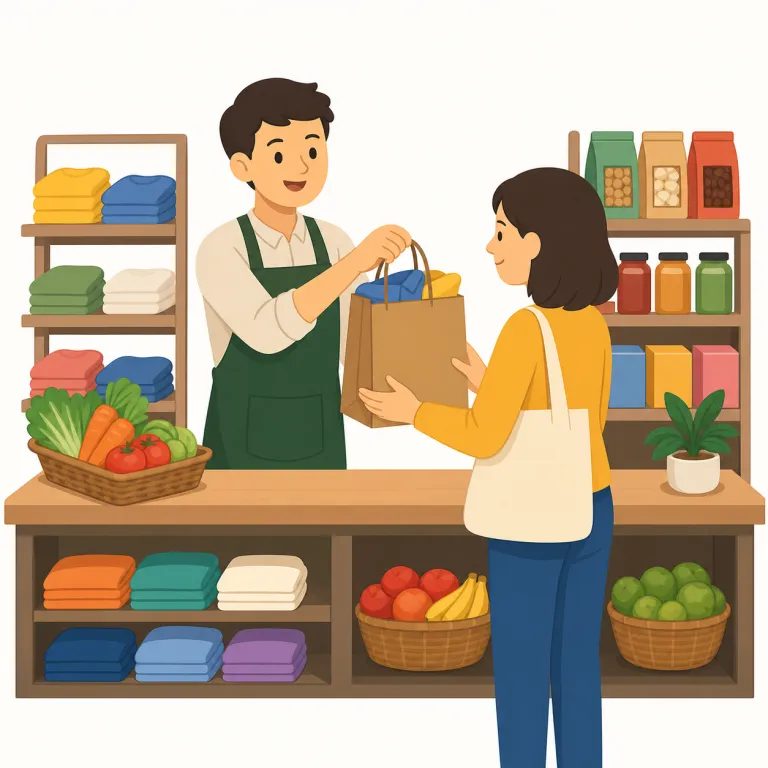 retailer（小売業者・名詞）の覚え方イラスト — retailer は retail「小売」+ -er で、「小売をする側」と考えると覚えやすい語です