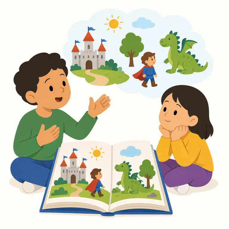 retelling（再話・名詞）の覚え方イラスト — retelling は re-「もう一度」＋ telling「語ること」