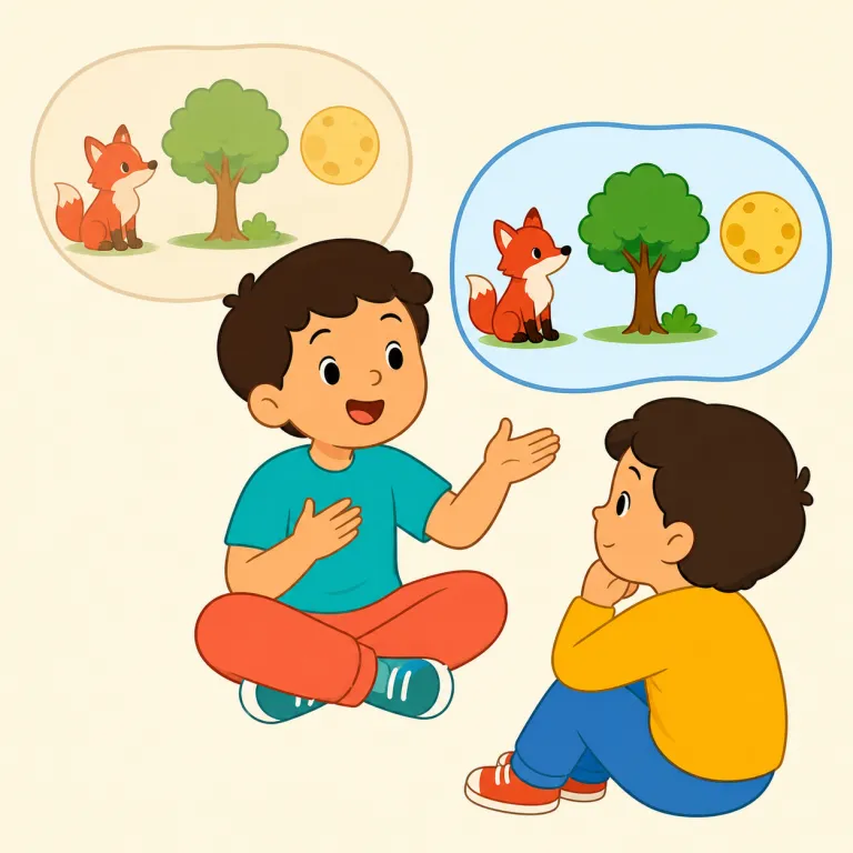 retells（語り直す、改めて話す・動詞）の覚え方イラスト — まず tell「話す」を土台に置き、先頭の re- を見ると「もう一度」