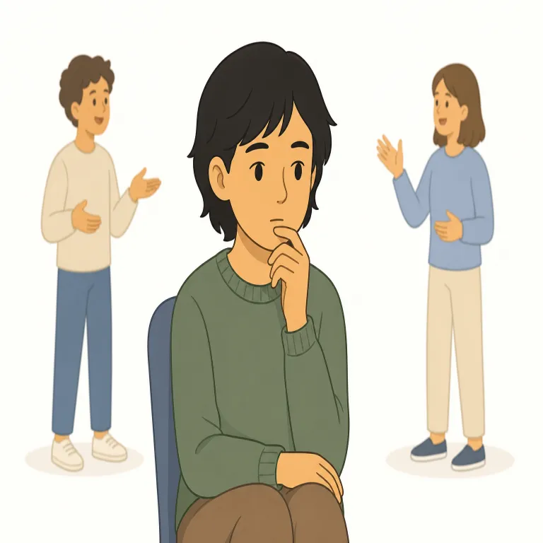 reticent（寡黙な・形容詞）の覚え方イラスト — quiet が単に「静かな」なのに対し、reticent は「言いたいことをあまり外に出さない」感じ
