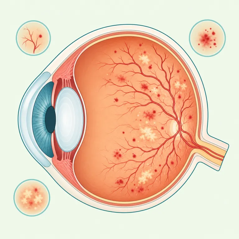 retinopathy（網膜症・名詞）の覚え方イラスト — retina（網膜）が見えれば、まず「目の奥のトラブル」と当たりをつけやすい語です
