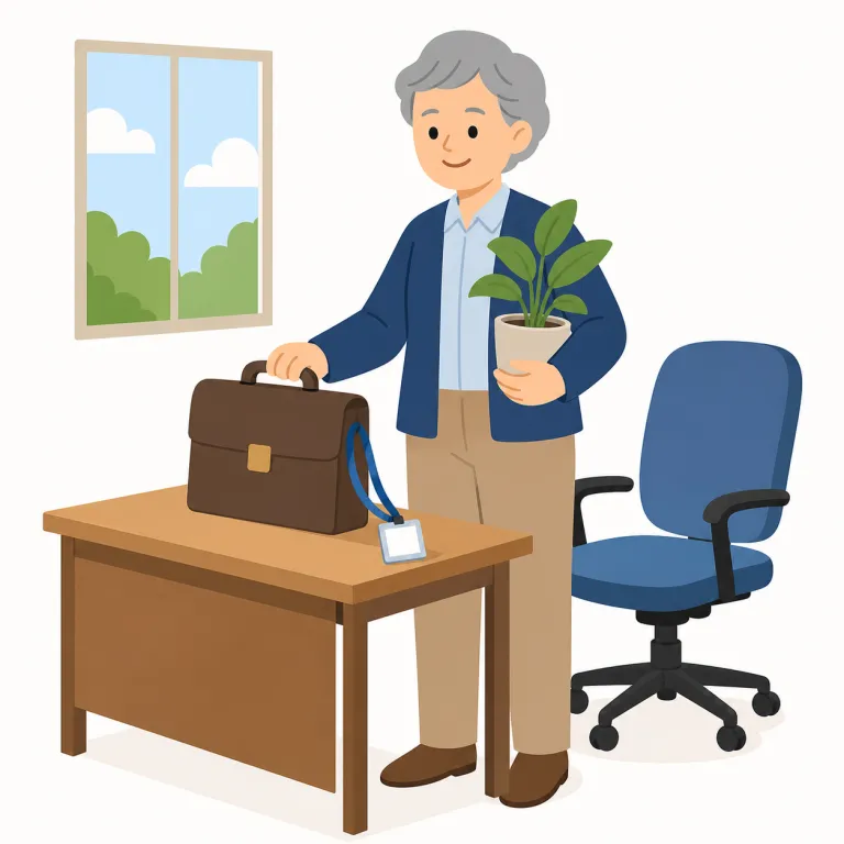 retire（退職する、引退する・動詞）の覚え方イラスト — retire は「現場の前線から一歩引く」とまとめて覚えると定着しやすい語