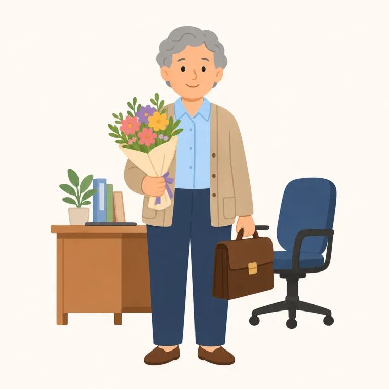 retirement（退職・名詞）の覚え方イラスト — retirement は、会社員などが仕事を終えて職を離れる「退職」として覚えます