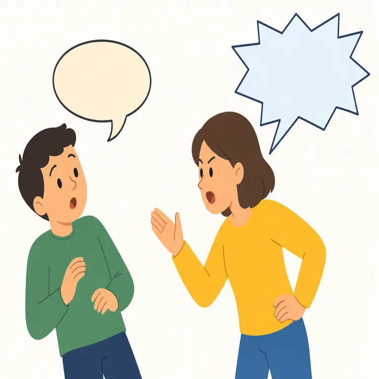 retorts（鋭く言い返す・動詞）の覚え方イラスト — he retorts, she retorts の形では、「彼・彼女が言い返す」と動作として読む