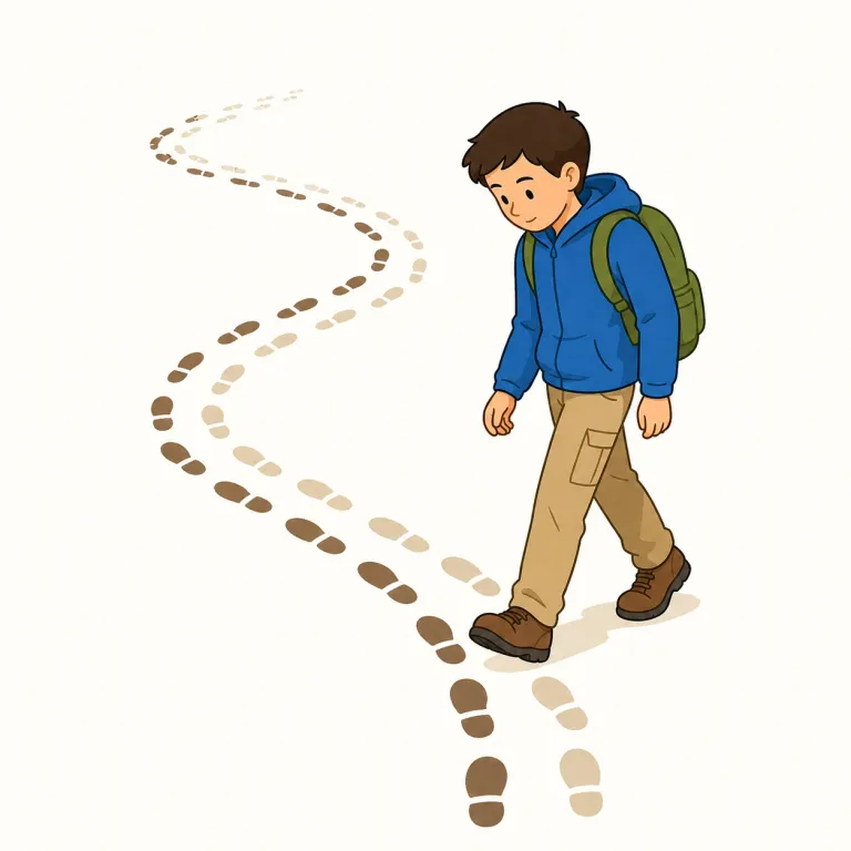 retrace（たどり直す、引き返す・動詞）の覚え方イラスト — まず trace＝「跡をたどる・追う」を土台にすると覚えやすいです