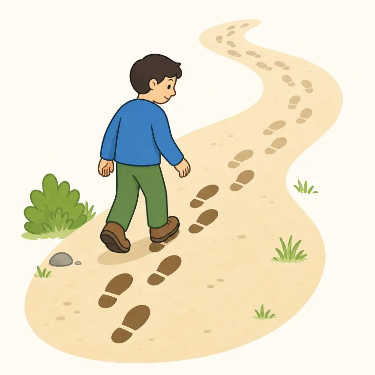 retraced（遡った・動詞）の覚え方イラスト — trace を「跡をたどる」と知っていれば、retrace は re- が付いて「もう一度たどる」