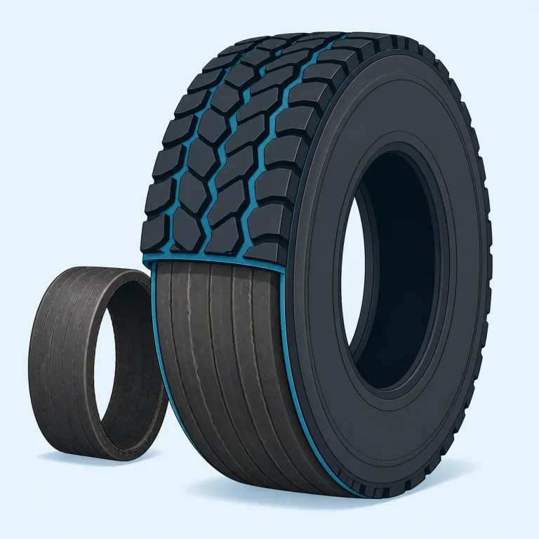 retread（タイヤを再生する・動詞）の覚え方イラスト — retread は re-「再び」+ tread「踏む、踏み面」と分けると覚えやすい語です