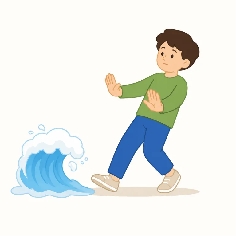 retreat（退く、引き下がる・動詞）の覚え方イラスト — 動詞 retreat は、相手に押されて一歩ずつ距離を取る動きを表します