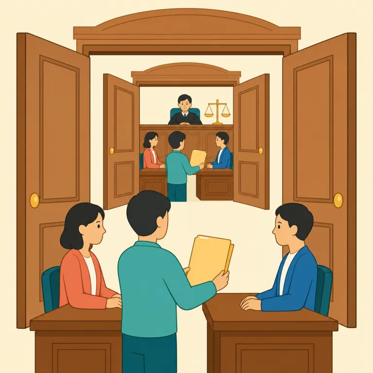 retrial（再審・名詞）の覚え方イラスト — re- は「再び」、trial は「裁判・審理」