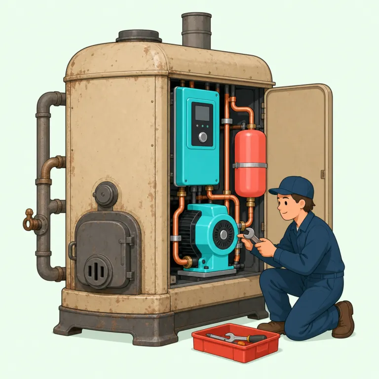 retrofit（改造する・動詞）の覚え方イラスト — retro- を「さかのぼって、後から」、fit を「取り付ける」と見れば、retrofit は「完成済みのものに後から合う部品を組み込む」動きです