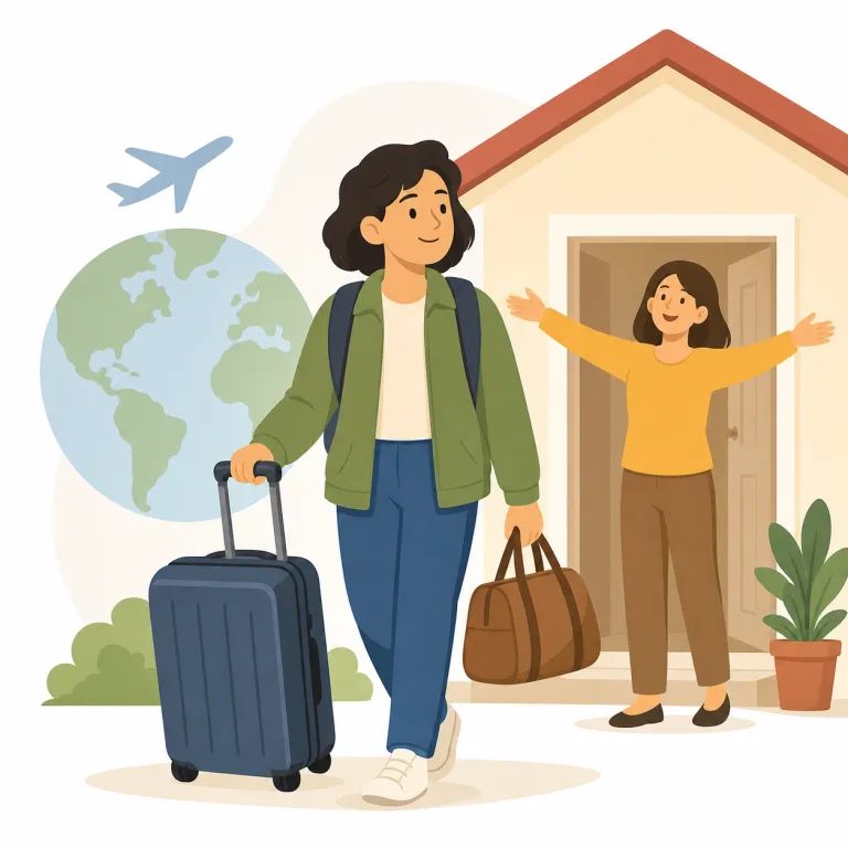 returnee（帰国者・名詞）の覚え方イラスト — return が分かれば中心は「戻る」