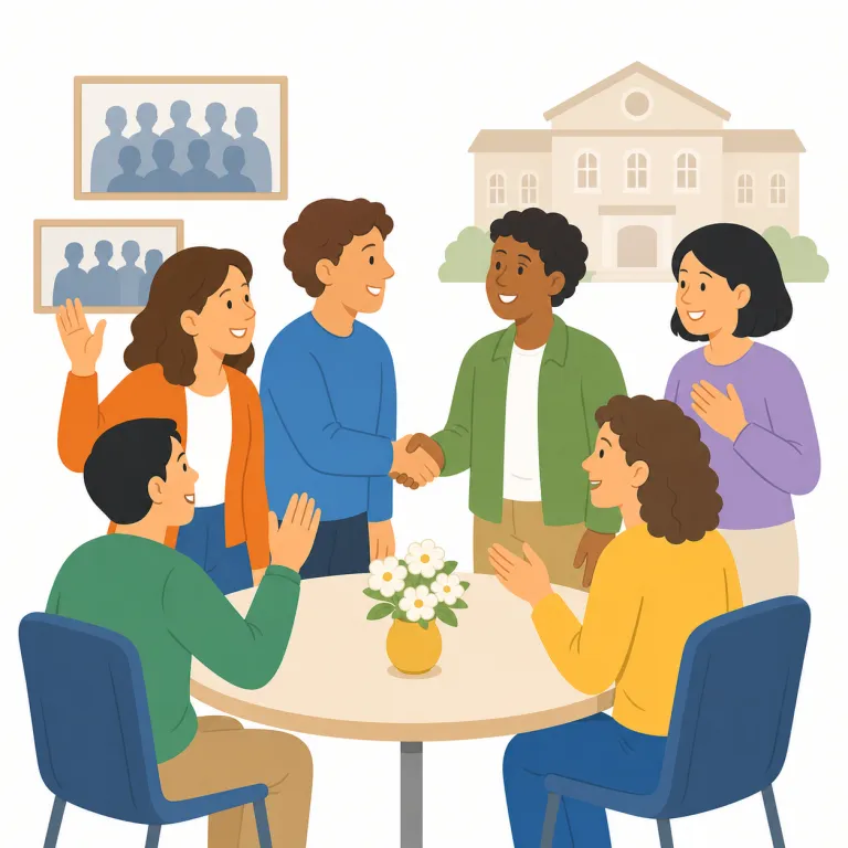 reunion（再会・名詞）の覚え方イラスト — reunion は re-「再び」+ union「一つになること」から、「離れていた人や物がもう一度一緒になること」を表します