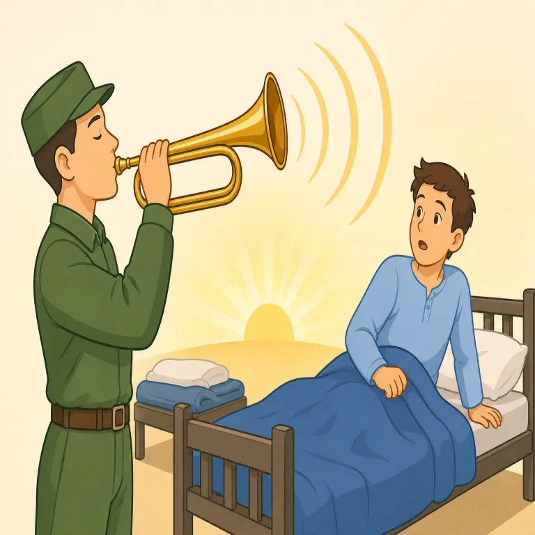 reveille（起床合図・名詞）の覚え方イラスト — reveille は「wake up」と同じ朝の動きに結びつけると覚えやすい語です