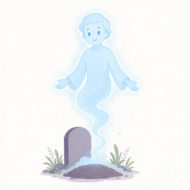 revenant（亡霊・名詞）の覚え方イラスト — revenant は「ただの幽霊」ではなく、「いったん死んだ／消えた者が戻ってくる存在」と押さえると記憶しやすい