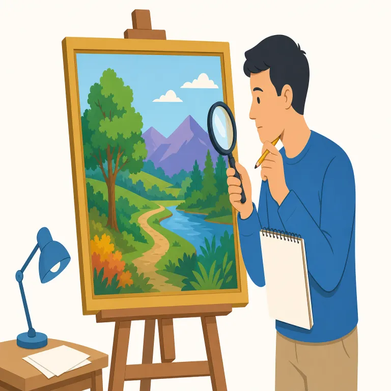 review（見直す・動詞）の覚え方イラスト — re-「再び」+ view「見る」で、「もう一度目を通して判断する」と考えると自然です