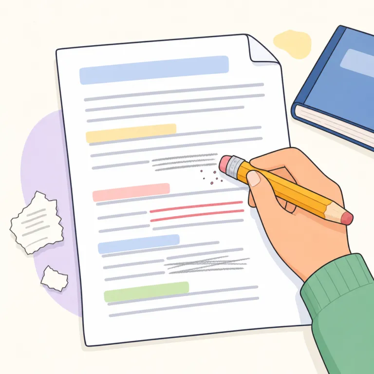revise（修正する、改訂する、復習する・動詞）の覚え方イラスト — revise はまず re-「もう一度」と見て、「もう一度見て直す」動きで覚えると残りやすいです