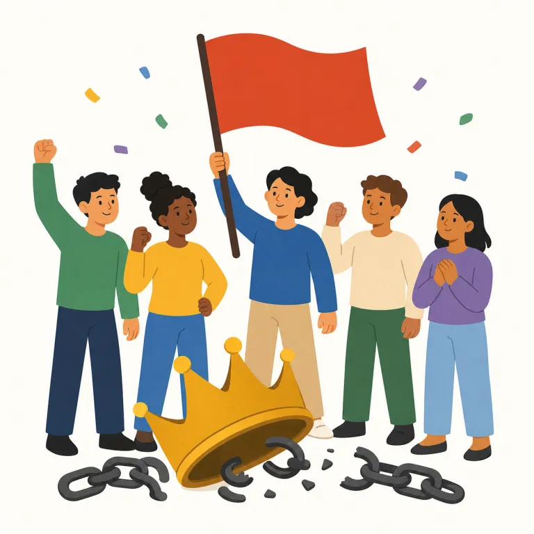 revolution（革命・名詞）の覚え方イラスト — revolution の「革命」は、社会や政治の仕組みが根本から入れ替わる大きな変化を表します