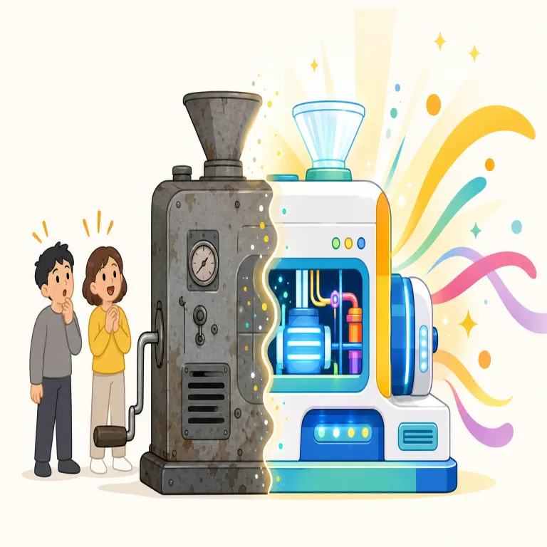 revolutionise（大変革する・動詞）の覚え方イラスト — revolution は「革命」ですが、revolutionise は日常的には政治革命そのものよりも、「革命級に変える」という比喩でよく使われます