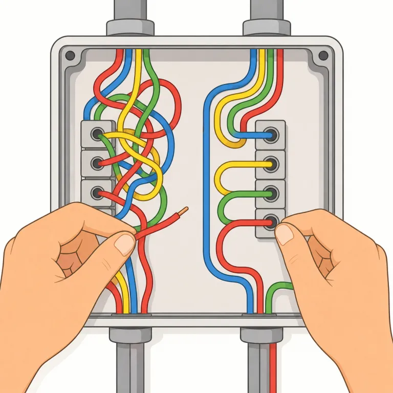rewire（再配線する・動詞）の覚え方イラスト — re- は「もう一度」で、rewrite・rebuild・replay と同じく“やり直す”系の合図