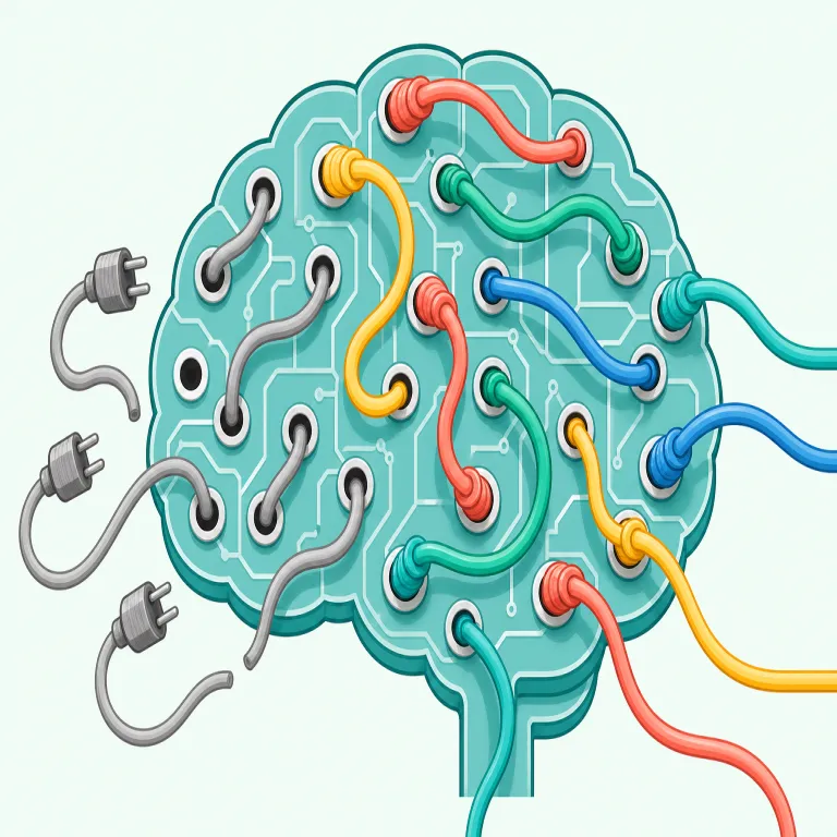 rewiring（再配線・名詞）の覚え方イラスト — rewiring は wire「電線・配線」が核で、re- が付いて「もう一度つなぐ」