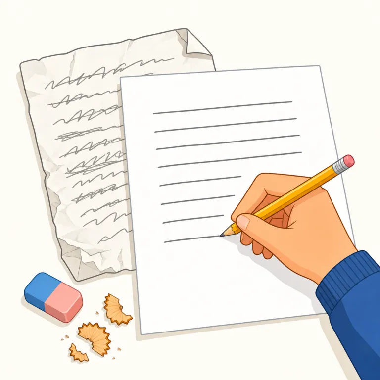 rewrite（書き直す・動詞）の覚え方イラスト — rewrite the report なら、赤字を少し入れるだけでなく、論点の並べ方や表現を作り直す場面を想像しましょう