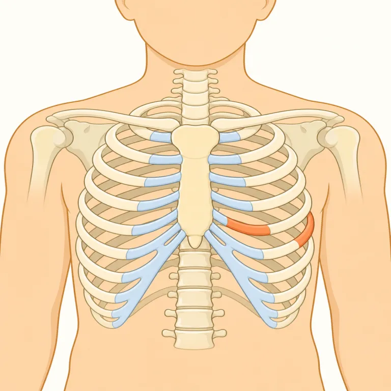 rib（肋骨・名詞）の覚え方イラスト — この意味の rib は、体の chest（胸）を形づくる細長い骨を指す語です