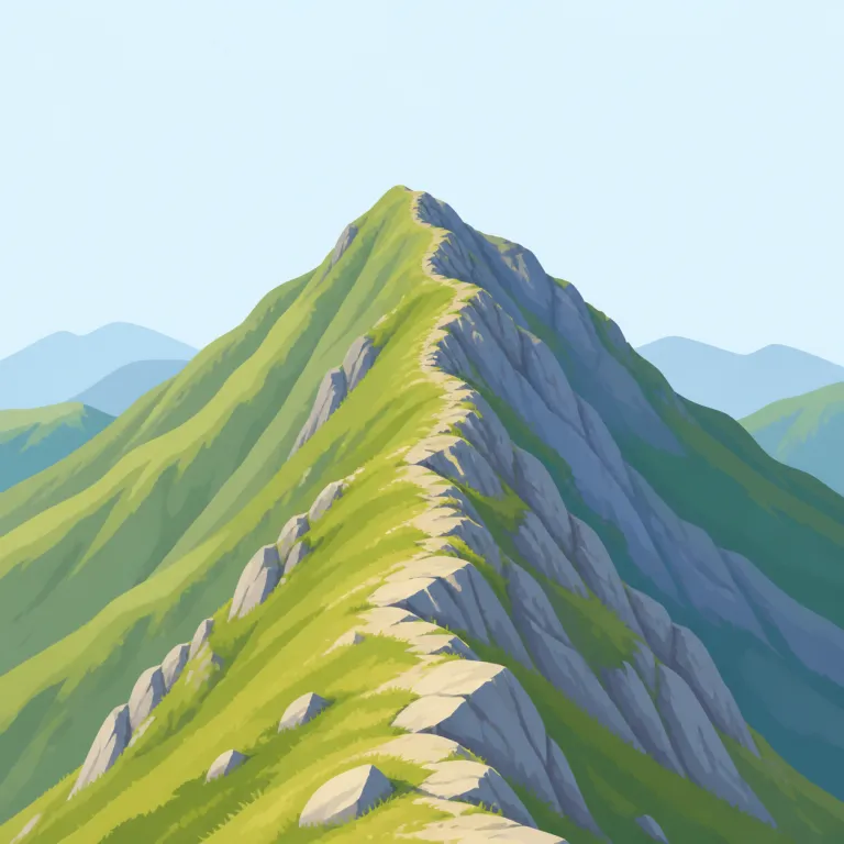 ridge（尾根・名詞）の覚え方イラスト — この意味の ridge は、山や丘の高い部分が細く長く続く「尾根」を指します