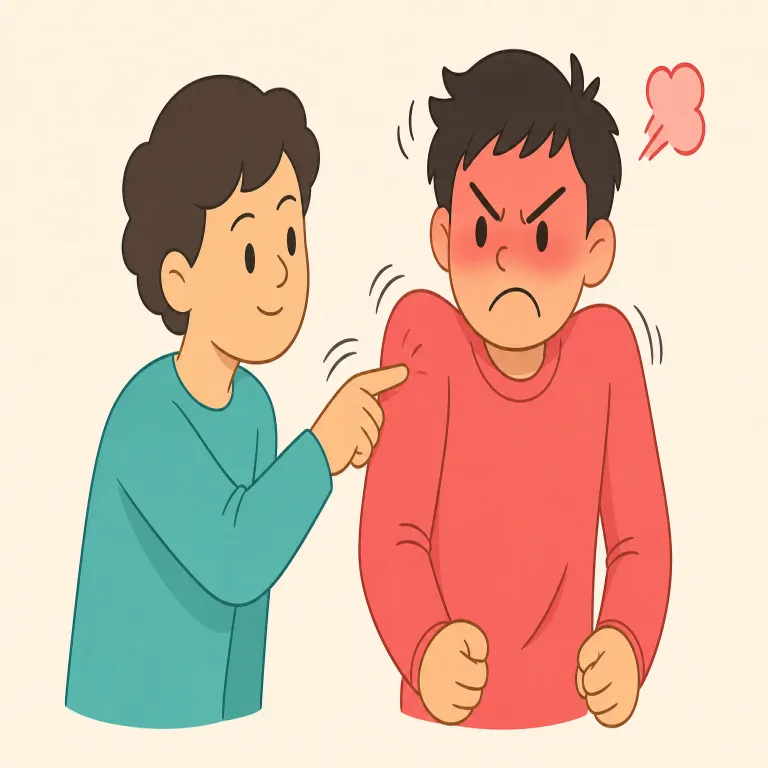 rile（怒らせる・動詞）の覚え方イラスト — rile は単に驚かせるのではなく、言葉や態度で相手の感情をかき乱して「怒らせる」動詞