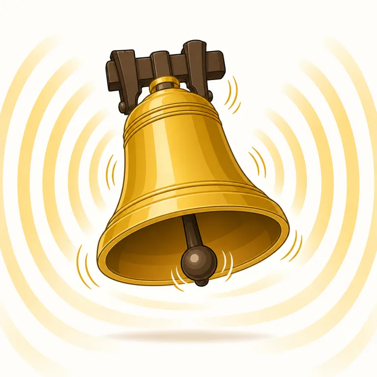 ring out（鳴り響く・句動詞）の覚え方イラスト — ring は「鳴る」、out は「外へ広がる」と考えると、音が空間へはっきり広がるイメージになります
